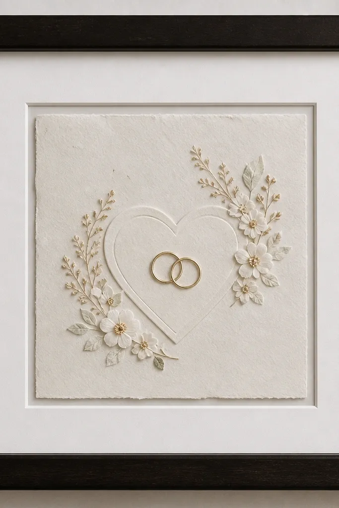 Close-up of a wedding card inside a black-brown frame with a white mat. A thin even gap shows between the card edge and the clear glass, about 2mm all around. The card sits centered and the mat window has crisp, straight edges under soft light.