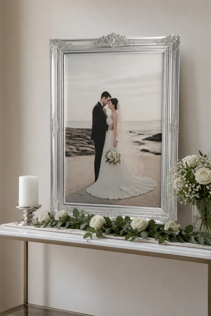 A tall silver wedding card frame sits on a slim console. The bottom edge is too close to the tabletop, and the glow overlaps a floral runner, making the whole area look cramped.