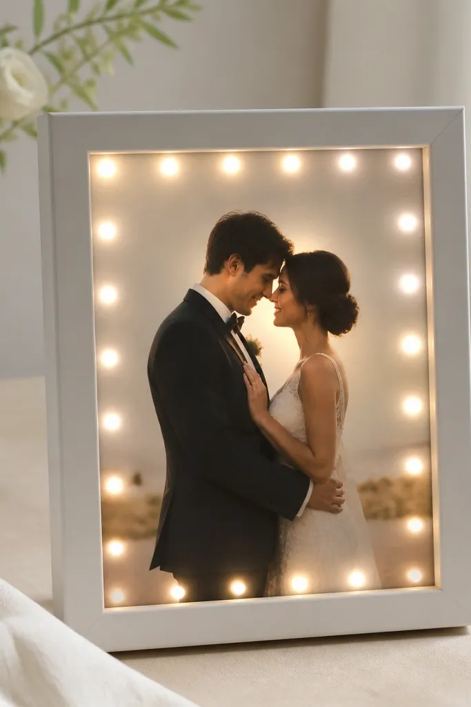 A white wedding card frame with exposed LED bulbs visible through the front. The light forms distinct bright dots, and the card insert looks unevenly lit.