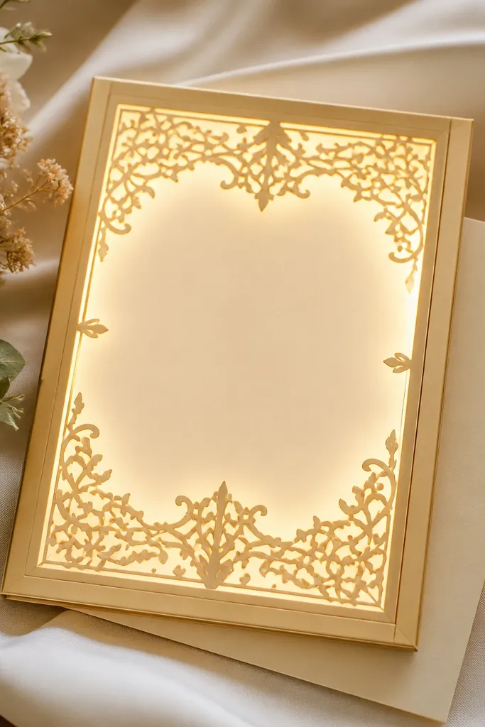A champagne-gold wedding card frame with a warm ivory backing card behind the insert. The LED glow is soft and spreads evenly, and the invitation sits flat with neatly aligned corners.
