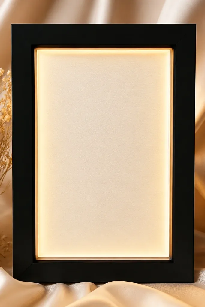 A black wedding card frame with warm LEDs, set against a champagne-colored satin backdrop. The card insert is centered and the glow looks even.