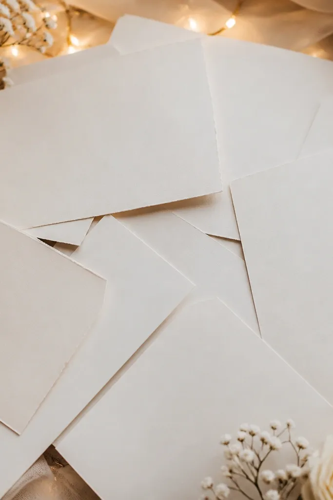 A wedding card frame with warm lights where multiple cards crowd the insert area. The card corners overlap and the glow is blocked by paper stacks.