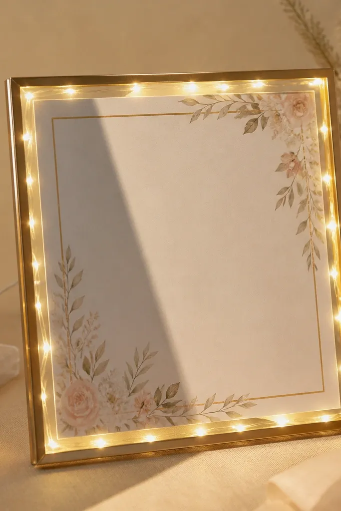 A wedding card frame with warm lights where a battery pack or cord is visible on one side, casting a dark shadow across part of the card insert.