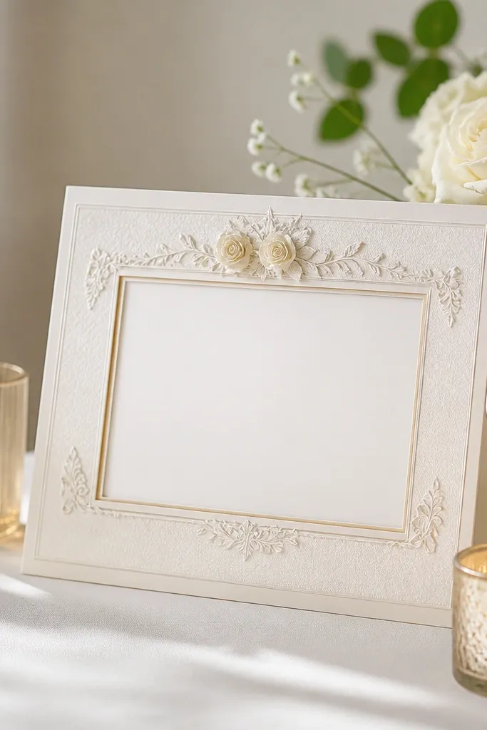 A wedding card frame with lights on a table, photographed with harsh flash. The glow is bright and uneven, and the card text is washed out.