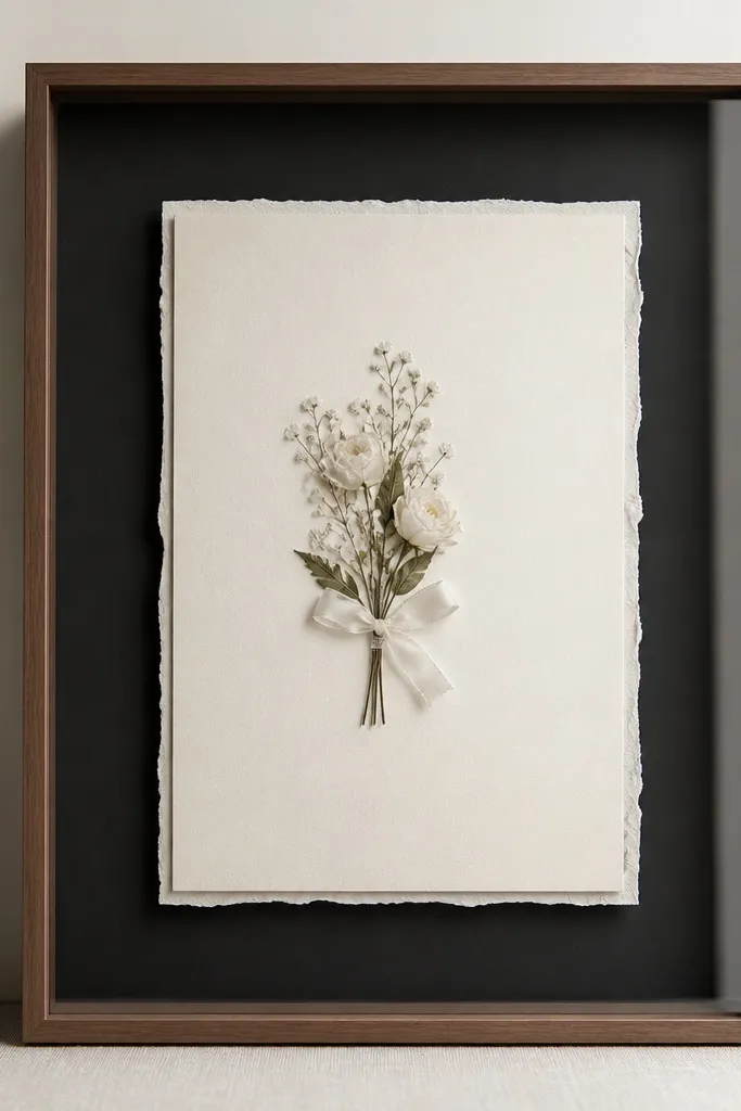 A rectangular shadow box display with matte black backing. A cream wedding invitation sits centered with a clear gap around it, showing layered edges and slight depth. The frame has a glass front and a thin, modern wood border.