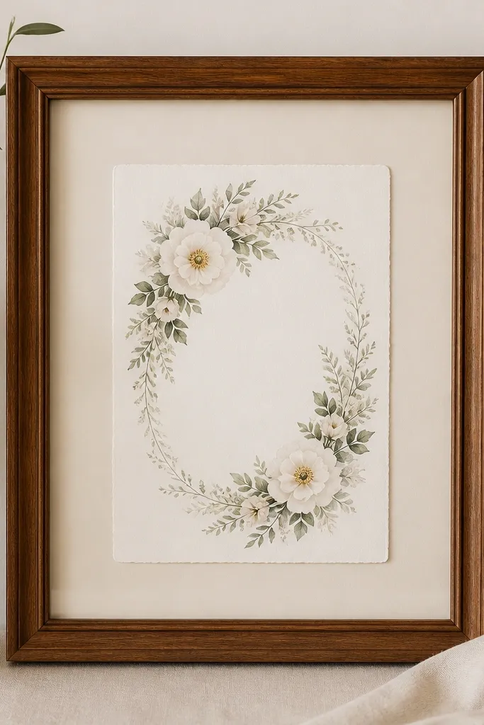 A classic wood picture frame with glass. Inside is an off-white acid-free mat board. A wedding invitation sits centered under the glass with even spacing on all sides; the mat creates a soft border around the card.