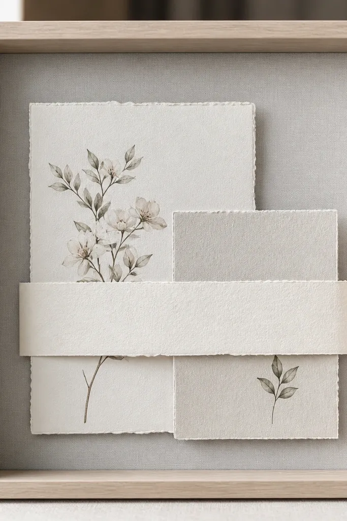A shadow box with light gray backing. Three paper pieces are arranged in a staggered depth: a main invitation at the back, an off-white belly band across the front, and a smaller RSVP card slightly to the right.