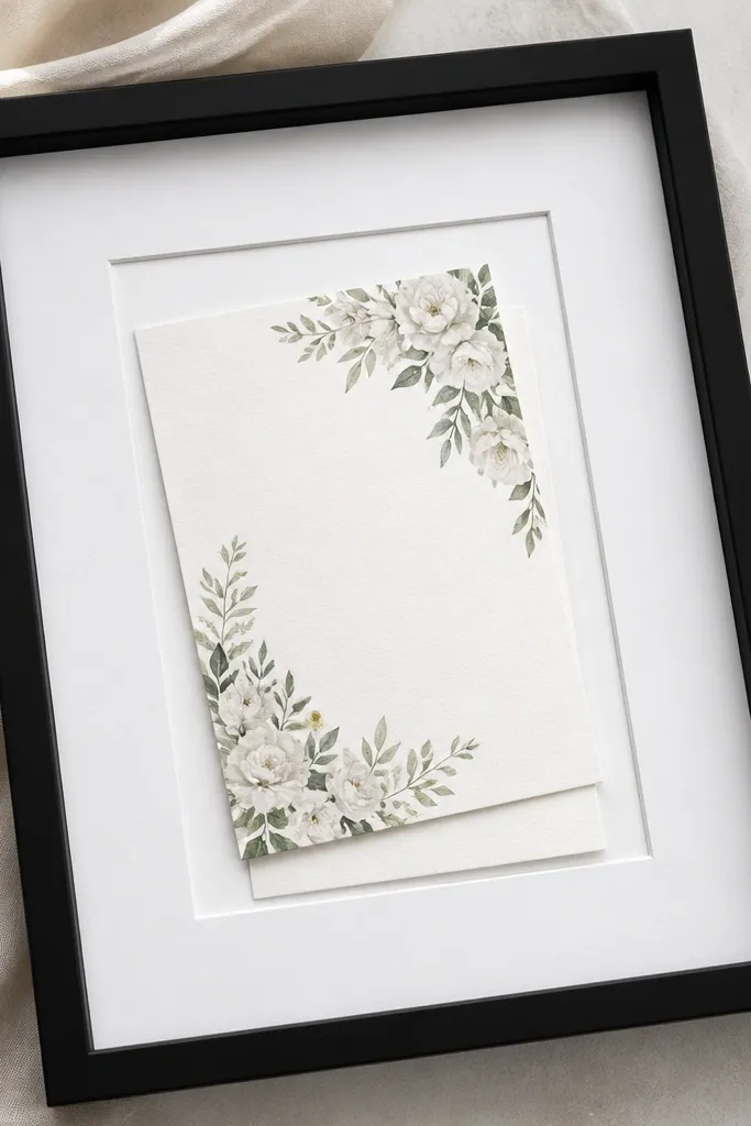 A classic black frame with glass. The wedding invitation is under the mat but rotated slightly clockwise, with the RSVP card offset beneath it. The mat border is even and the cards maintain a small gap from the glass.
