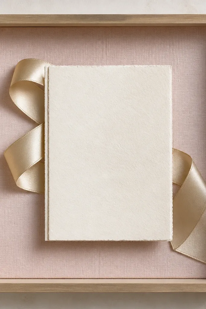 A shadow box with a soft blush fabric backing. A cream invitation sits centered, with a light gold ribbon tucked behind it. The fabric texture is visible through the open space around the cards.
