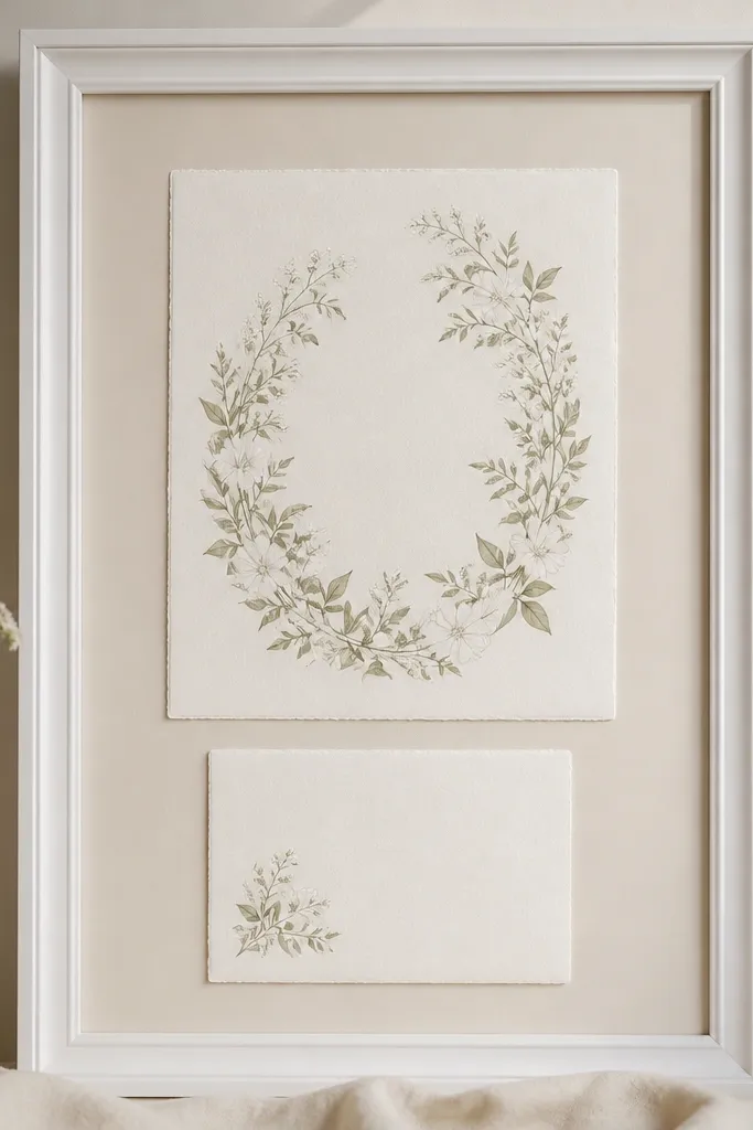 A white classic frame with glass and a pale beige mat. Two cards are displayed: the main invitation centered on top and a smaller RSVP card beneath it. Spacing is even and both cards have a clean border from the glass.