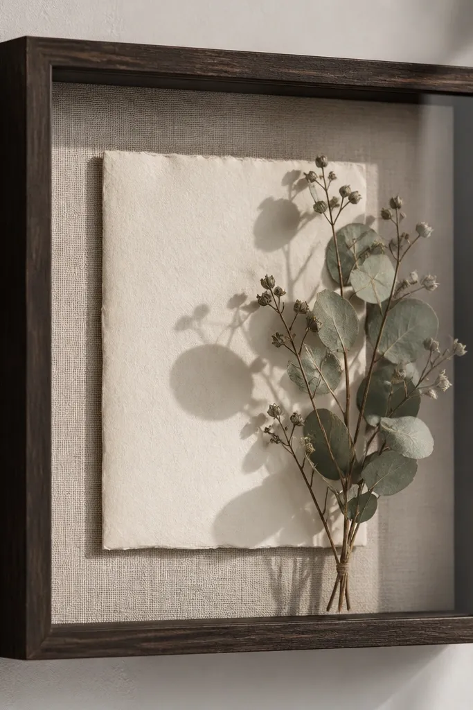 A dark wood shadow box with natural linen backing. A cream invitation sits back in the box, and a small cluster of dried eucalyptus is secured in the front corner. The greenery has a visible shadow and sits behind glass.