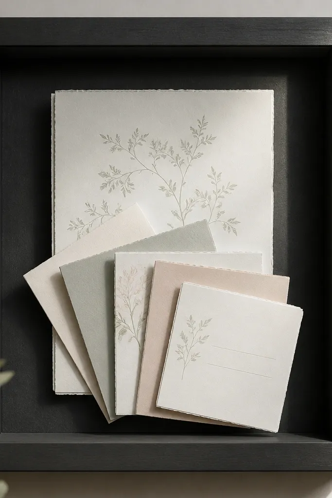 A shadow box with charcoal backing. Multiple RSVP cards are arranged in a gentle fan, with the main invitation behind them. The spacing shows distinct shadows between cards.