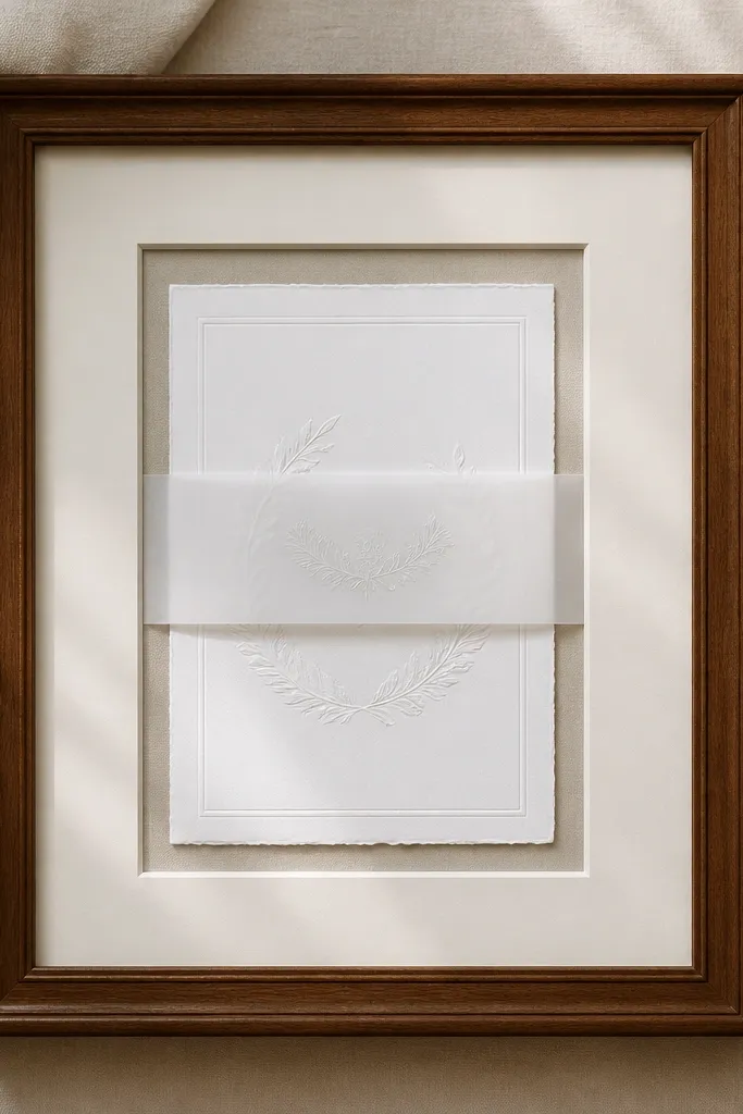 A classic wooden frame with glass. Inside, the invitation is centered and a translucent vellum belly band is placed slightly above it, visible through the mat opening. The mat border is cream, and the vellum catches light softly.