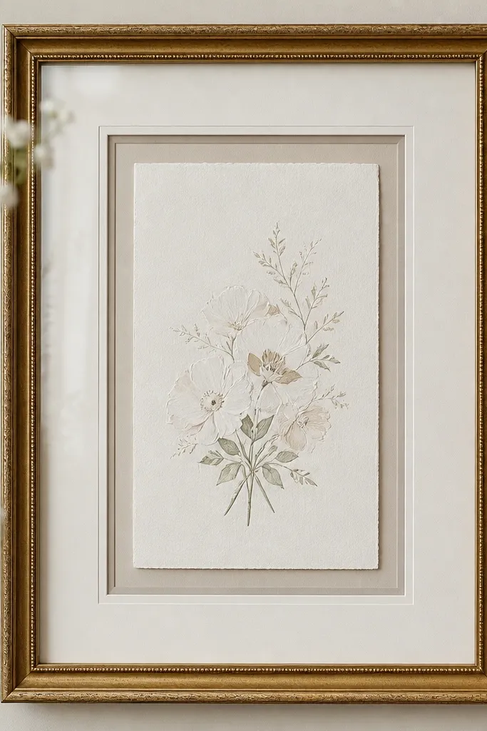 A classic frame with glass. Inside is a multi-layer mat stack in off-white and light taupe. The invitation sits on the top mat layer, creating a subtle shadow border around it.