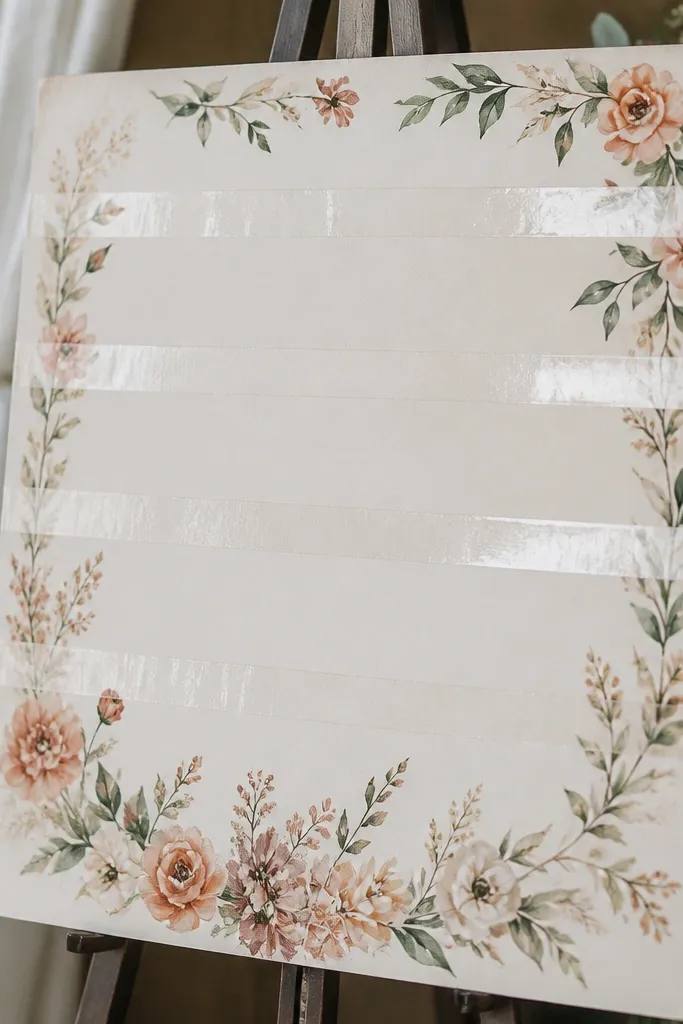 A handmade wedding sign with clear tape strips running horizontally across the surface; in the photo, the tape looks milky and catches bright white glare from a camera flash.