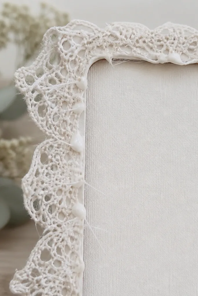 A lace-trimmed sign or frame where hot glue has left thin white strings and small hardened blobs along the lace edge; the lace looks lumpy and uneven.