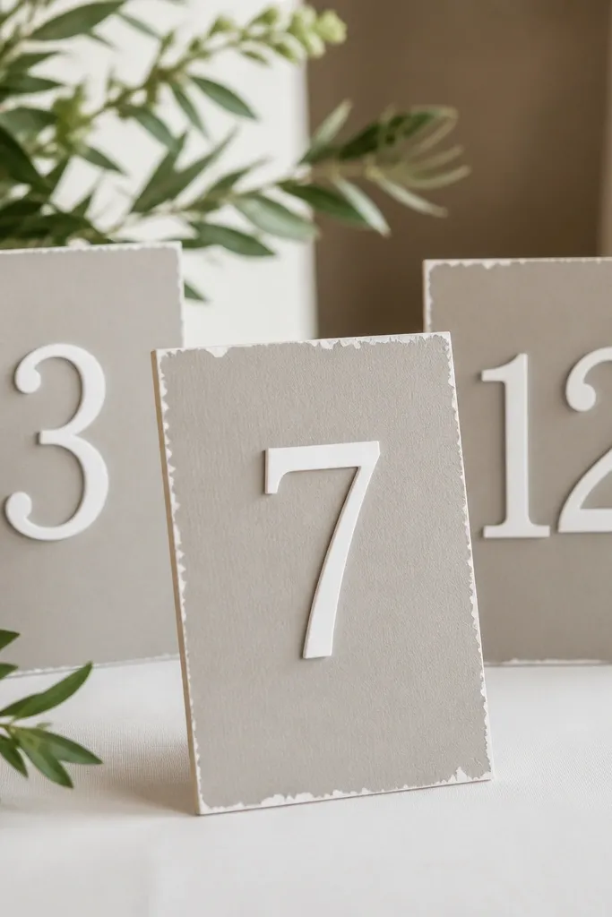 Table number cards made from foam board with visible white chips along the corners and edges; the numbers look slightly misaligned.
