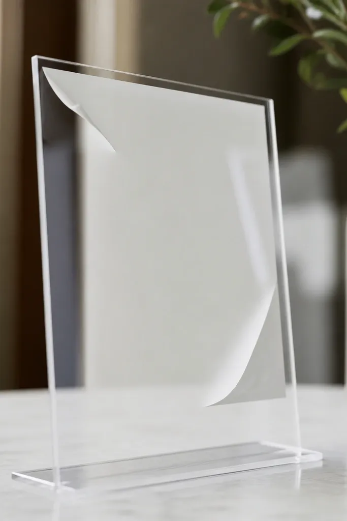 A clear acrylic sign stand with vinyl letters that have lifted at the corners; the vinyl edges curl away from the acrylic.