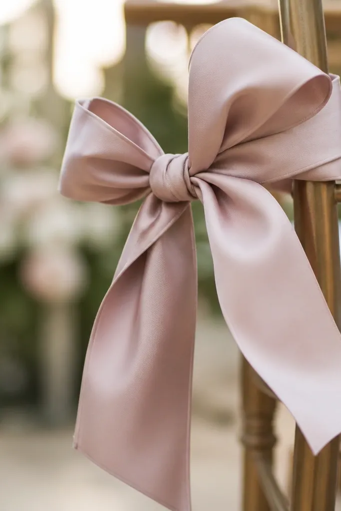 A large ribbon bow tied to a chair or sign, where one loop is noticeably smaller and the tail lengths don't match; the bow looks twisted.