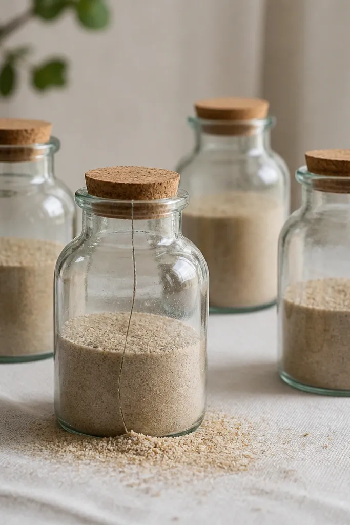 A set of small glass jars with sand inside; one jar has a faint crack line and sand grains spilled around the base on a tablecloth.