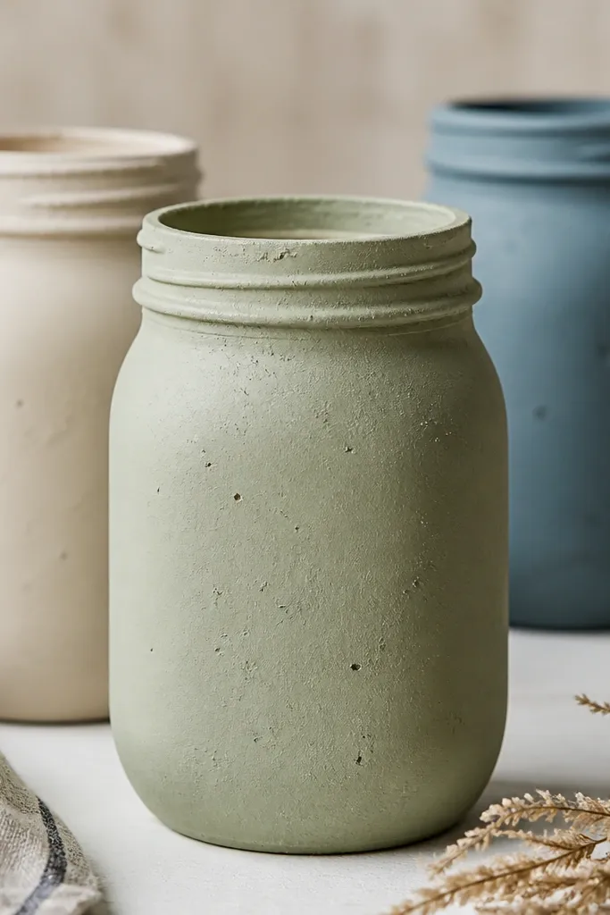 Mason jars painted with craft paint where the surface looks slightly sticky; dust and small specks cling to the paint.