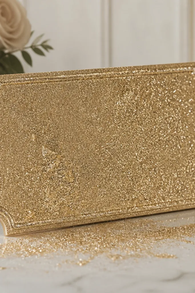 A sign covered in glitter where fine glitter particles are scattered on the tabletop and edges; the letters look uneven due to shedding.
