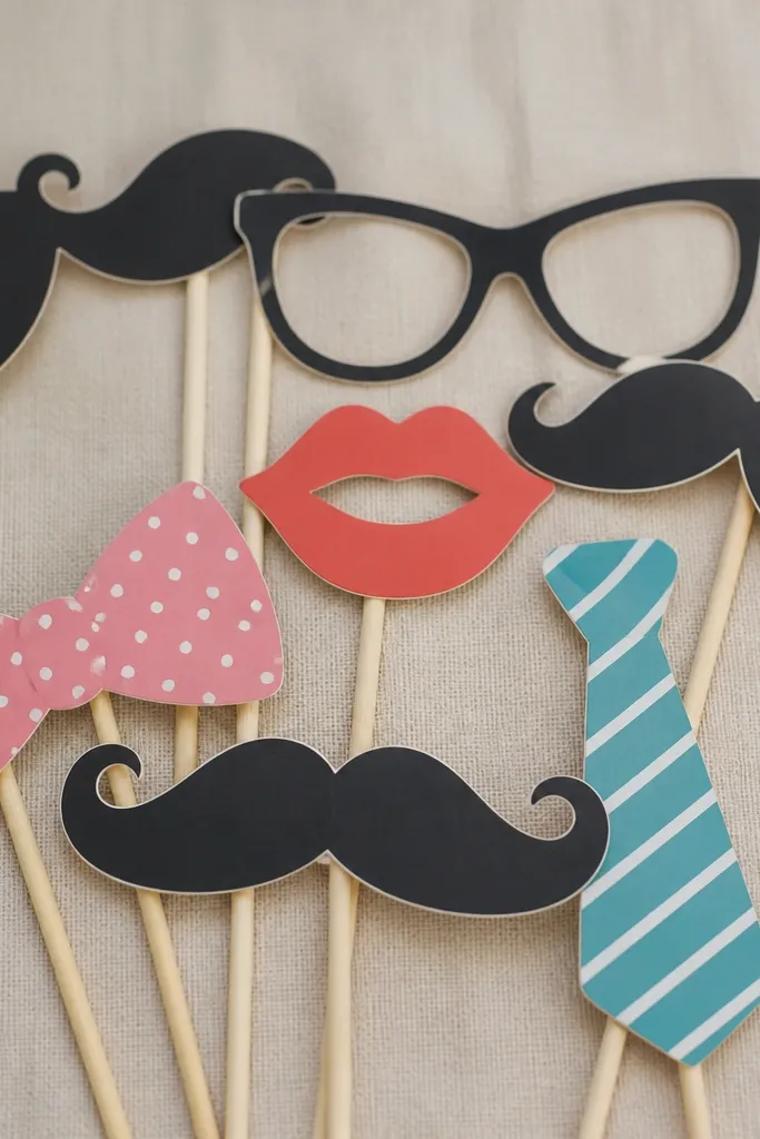 Handmade photo booth props like mustaches and signs printed on glossy stock; in the image, the props have harsh reflections and hot spots.