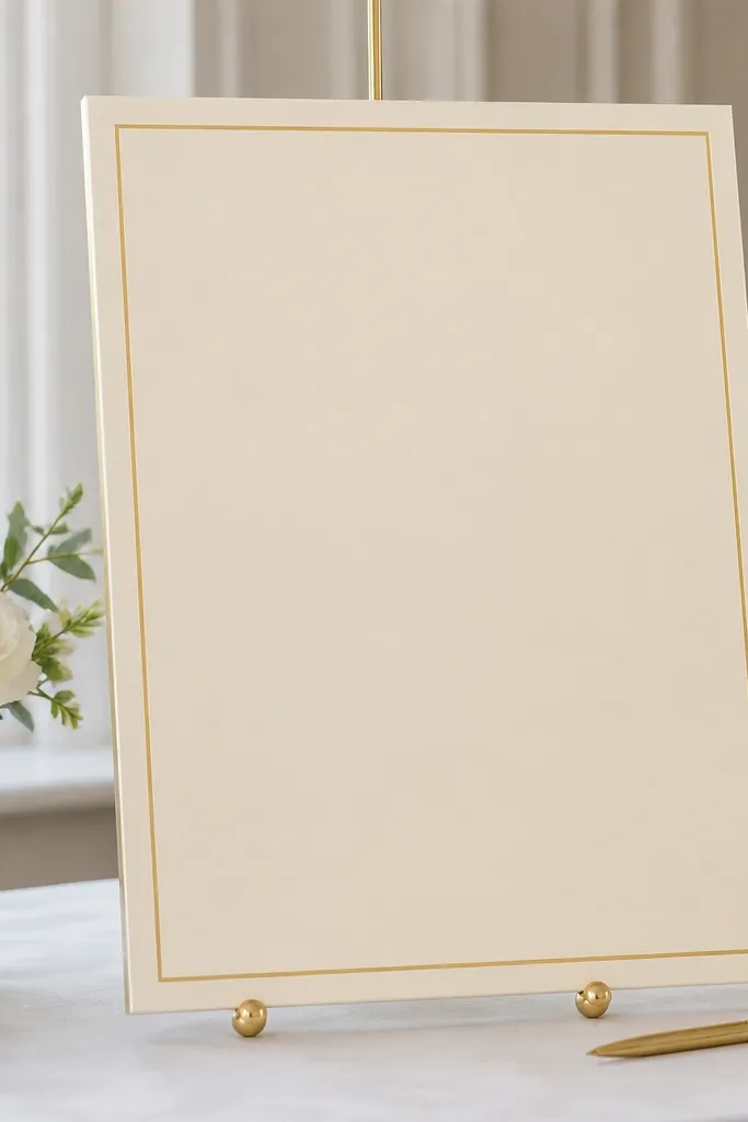A large ivory cardstock sign-in board with a clear matte cover, black marker writing area, and a simple gold-foil border; the surface looks smooth and glare-free under light.