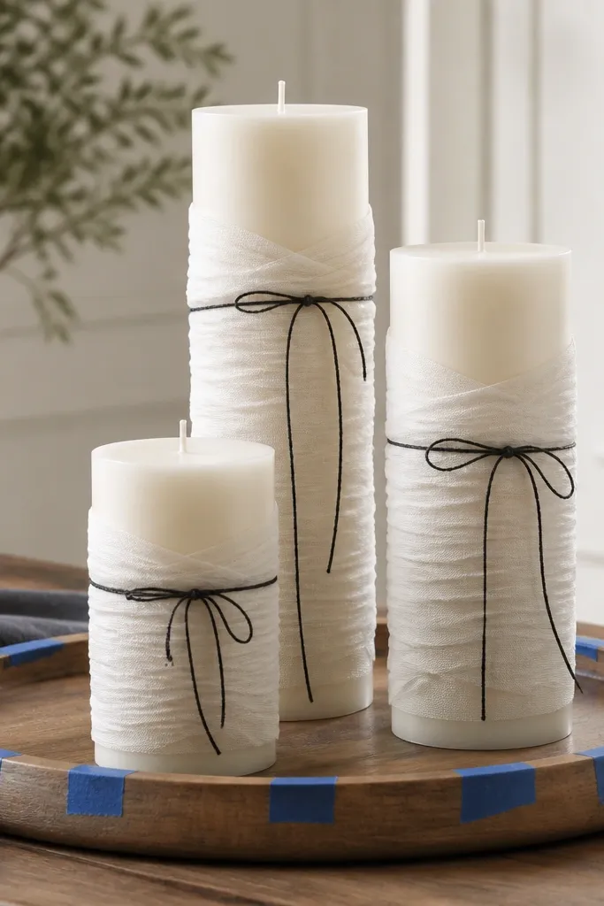 A tall centerpiece with three pillar candles on a wooden tray, each candle wrapped in thin strips of ivory fabric and tied with black twine; painter's tape lines are visible on the tray edge during assembly.