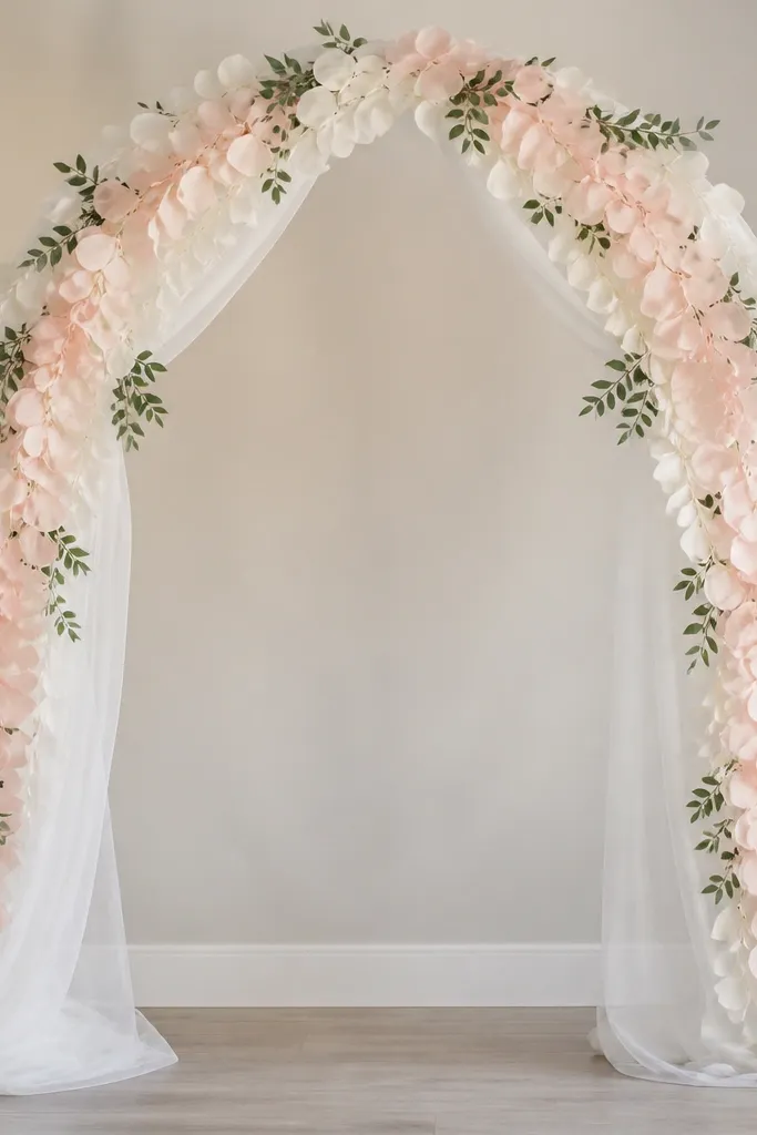 A curved backdrop arch made of white tulle and fabric petal garlands, with alternating ivory and blush petals and small green leaves tucked along the curve; it hangs over a simple frame.