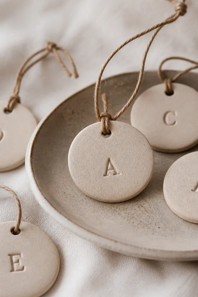 Small round name tags made from matte beige salt dough, each stamped with a simple monogram and tied to a thin twine loop; the tags have slight texture like pottery.