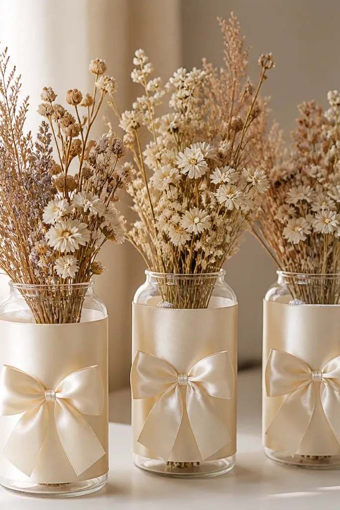 Clear glass bottles wrapped in wide ivory satin ribbon with a centered bow, each with a small bouquet of dried flowers; the ribbon edges are neatly glued and aligned.