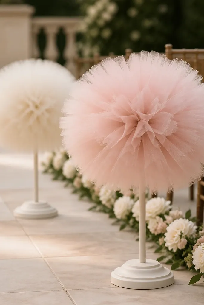 Two weighted bases on the aisle edge, each holding a fluffy tulle pom-pom in blush and ivory; the pom-poms sit upright and look full from the side.