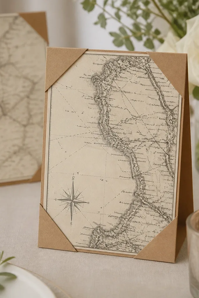 Table number cards printed with vintage map lines, each displayed inside a folded corner frame made from kraft cardstock; the corners hold the card like a mini picture holder.