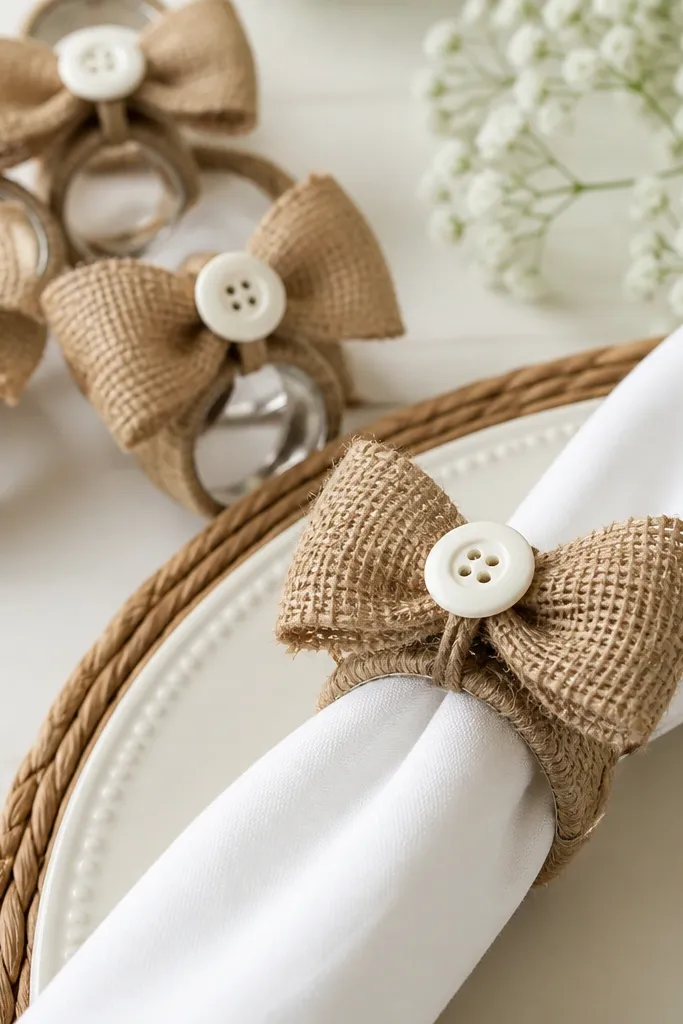 Napkin rings made from burlap ribbon tied into small bows, each with a white button center and a thin twine wrap around a metal ring base; the look is rustic and neat.