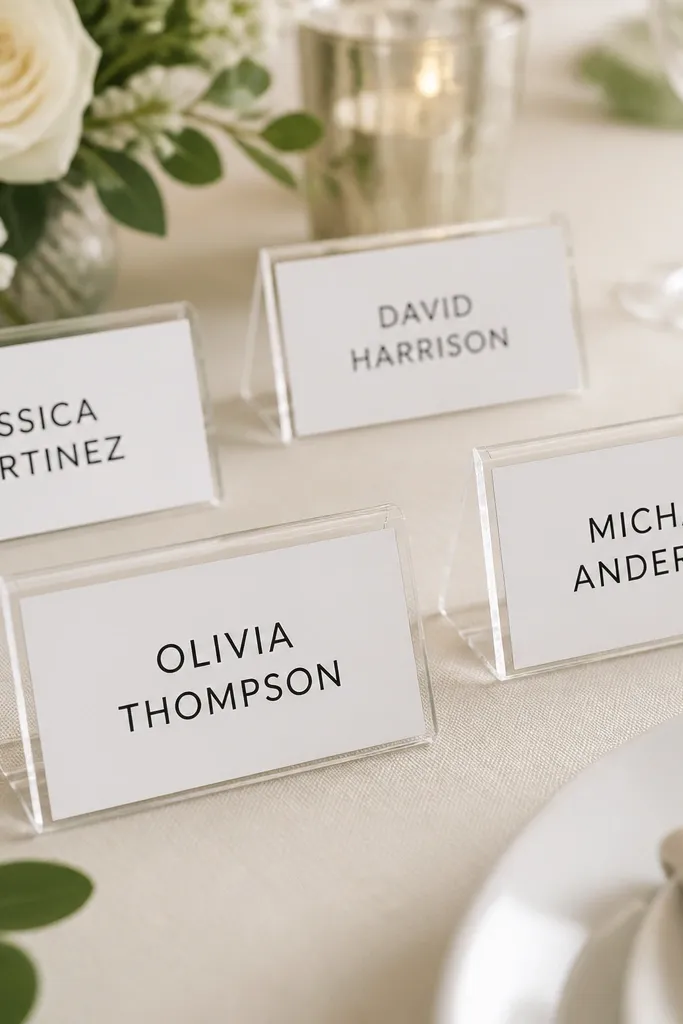 Clear acrylic place card holders with small white cards inside, each labeled with black vinyl lettering; the holders look sturdy and clean on a table.