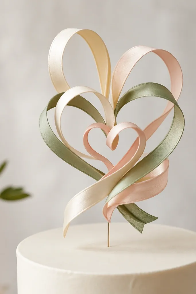 A cake topper made from intertwined silk ribbons in cream, blush, and sage on a thin wire base; the ribbons form loops and a small heart-like center.