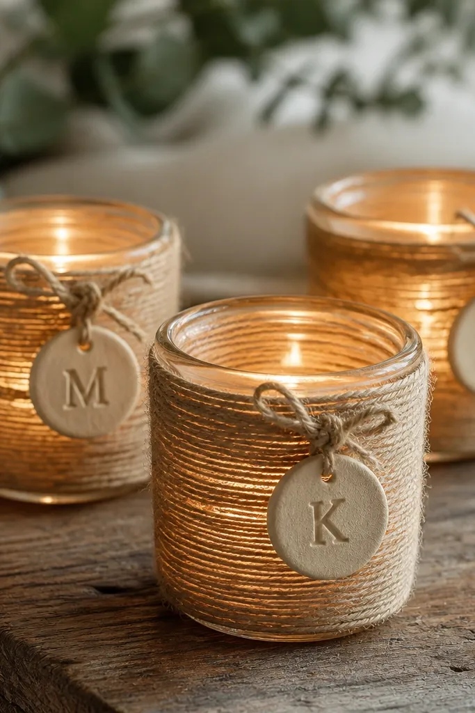 Glass votive cups wrapped in tan twine, each with a small stamped initial tag attached by twine; the votives glow warmly through the glass.