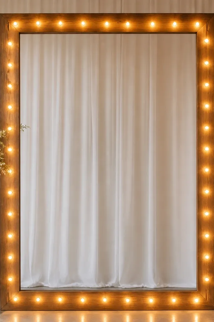 A large rectangular photo booth frame made from wood, wrapped with warm white string lights along the inner border; the lights are evenly spaced and the frame edges are clean.