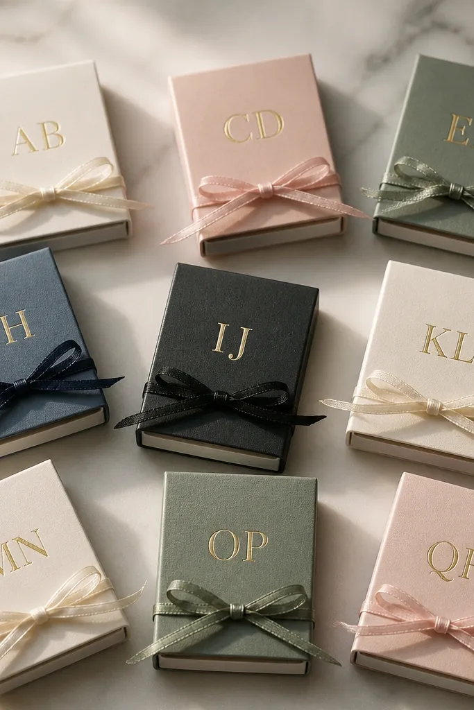 A set of matchbook-style paper sleeves with foil-stamped initials, each sleeve tied with a thin ribbon; the paper is crisp and uniform in size.