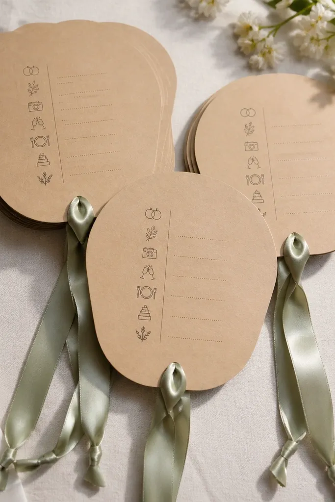 Folded kraft paper ceremony programs shaped like fans, with printed schedule text and satin ribbon handles; the fans are laid flat on a table.