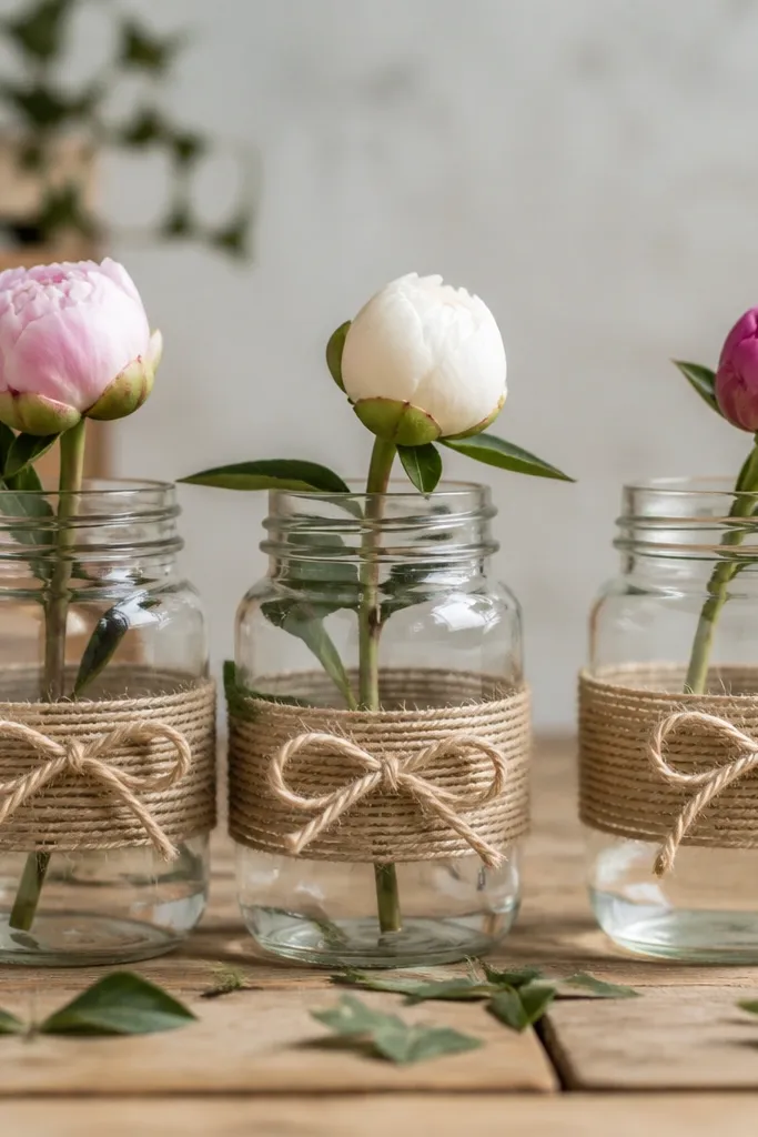 Clear mason jars wrapped in tan twine with a simple bow at the center, each holding a single bud stem. The jars sit on a wooden table with scattered small leaves.