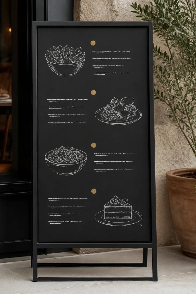 A black metal frame holding a menu board with chalkboard-style vinyl. Handwritten meal items are in white chalk marker, and small gold dots mark each section.
