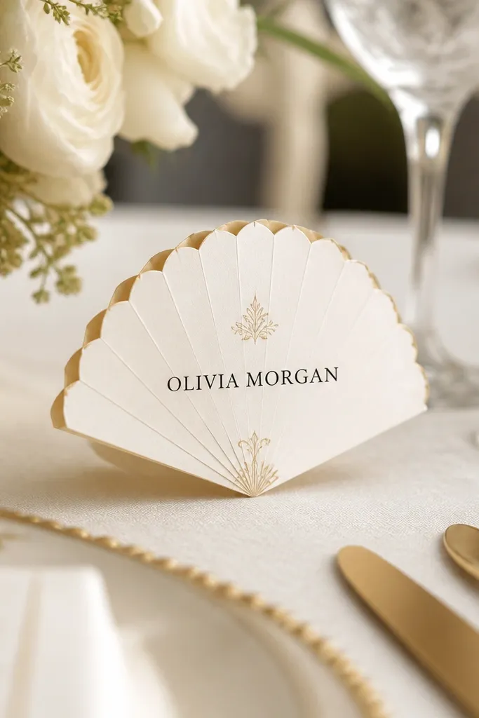 Place cards sitting upright on the table, each card is folded into a small fan shape with a gold metallic edge. The cards show black printed names and a subtle gold foil look.