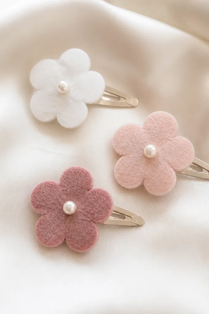 A set of small felt flower hair clips in white, blush, and dusty rose. Each clip has a single layered flower with a tiny pearl center and is photographed on a cream satin cloth.
