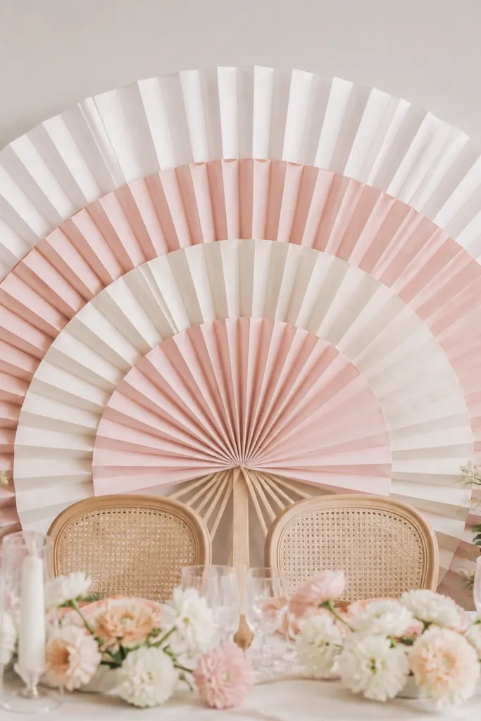 A large paper fan centerpiece behind a couple's chairs. The fan is made of layered white and blush paper pleats with a simple wooden stick base, photographed from the front.