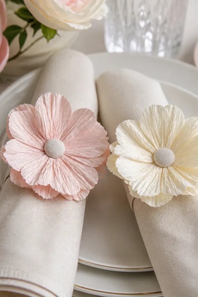 Napkin rings made from crepe paper flowers in cream and blush with small fabric-covered button centers. The rings sit around folded linen napkins on a dining table setting.
