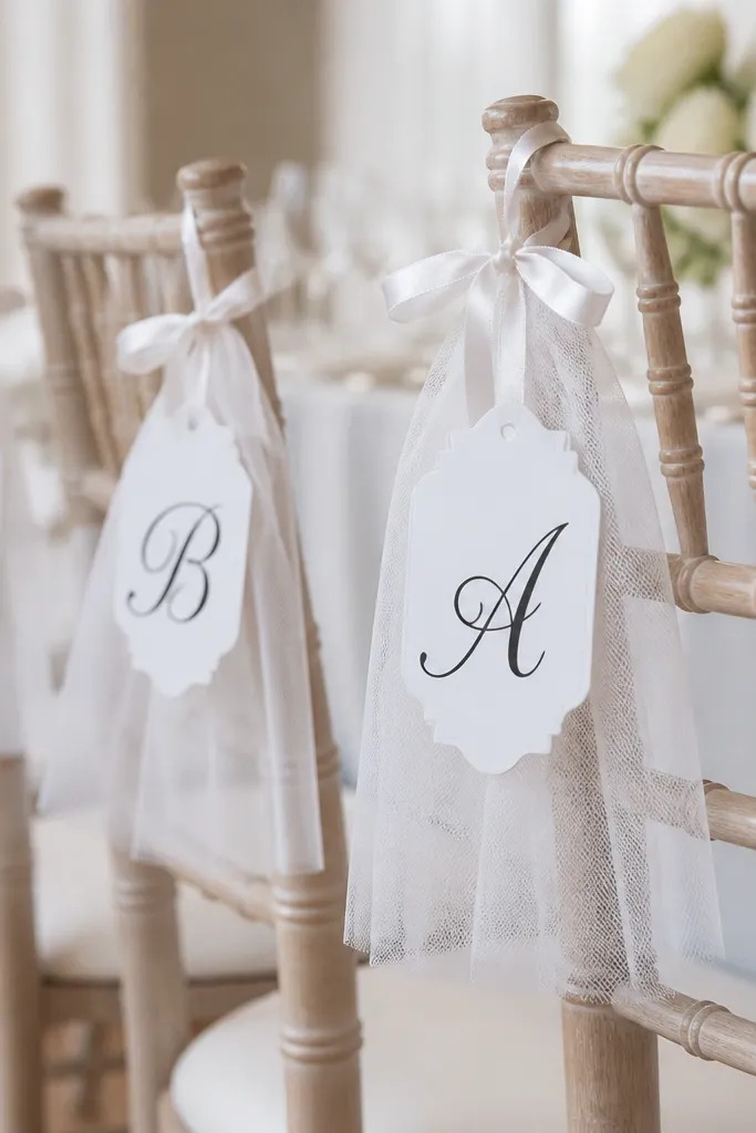 Door hanger style tags made from white tulle and cardstock, tied to chair handles with satin ribbon. Each tag has a table section name in black vinyl lettering.