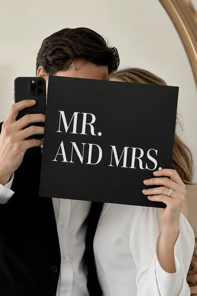 A matte black sign held in front of a mirror. White vinyl reads "MR." on top and "AND MRS." below, stacked neatly. The edges are crisp, and the couple's dark suit jacket and white shirt are visible.