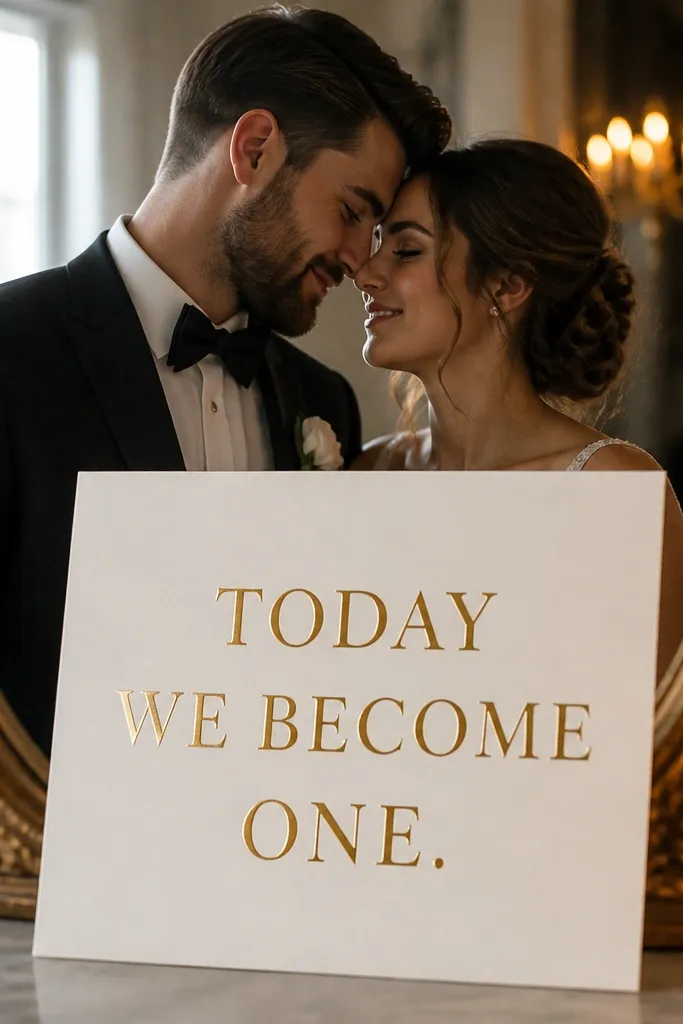 An off-white card sign with gold lettering reading "TODAY WE BECOME ONE." The gold has a metallic look but is not glittery. The sign sits slightly below the couple's faces in the mirror, with warm candlelight in the background.